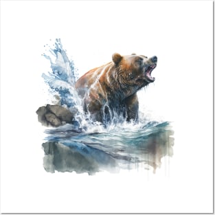 Bear in the River - Watercolor Posters and Art